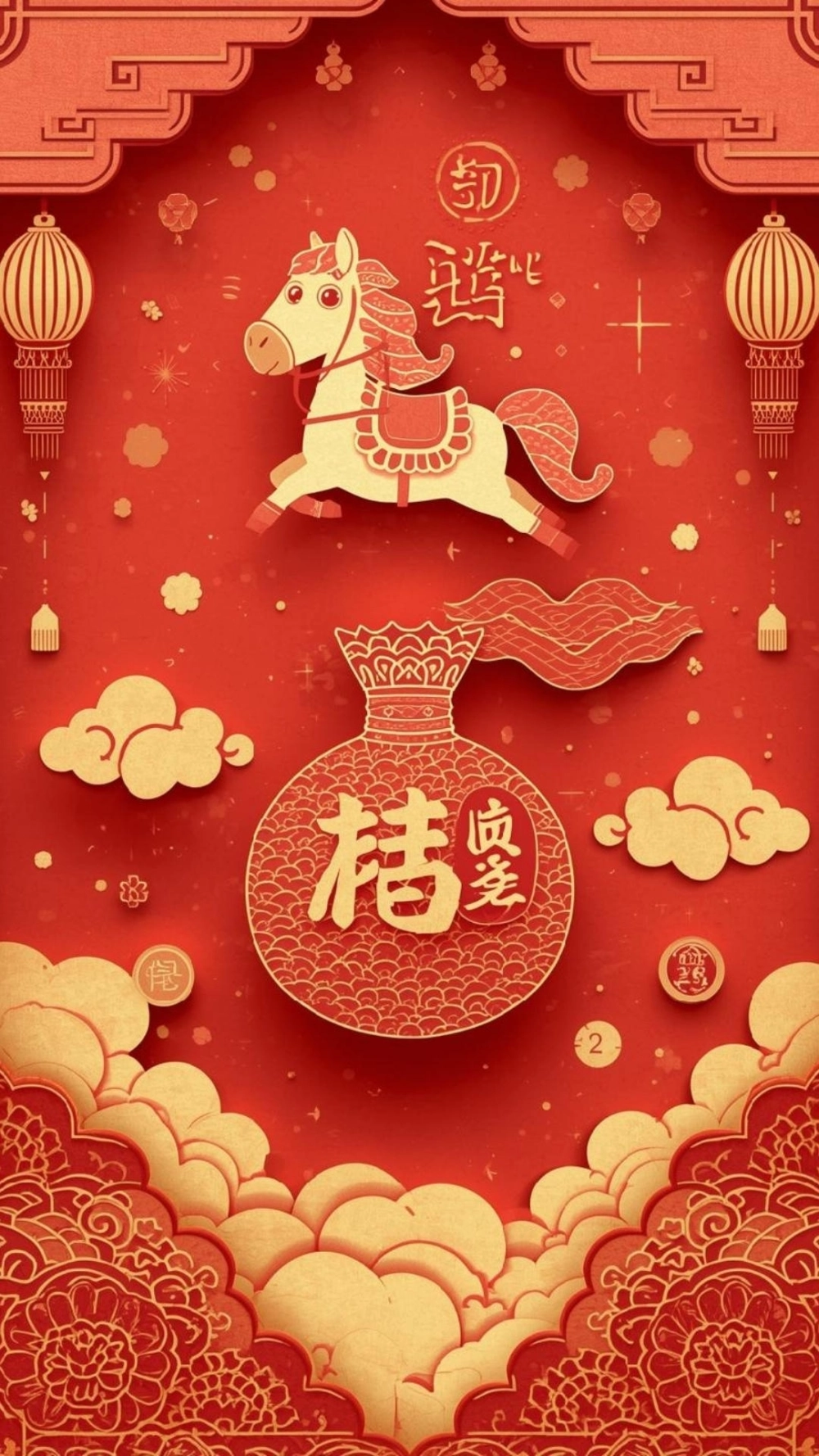 Hình nền ngựa béo cute ôm thỏi vàng may mắn