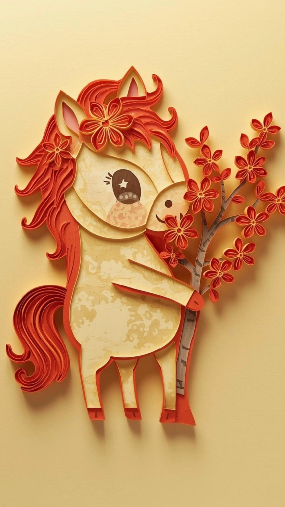 Hình nền ngựa bên hoa mai vàng sắc nét