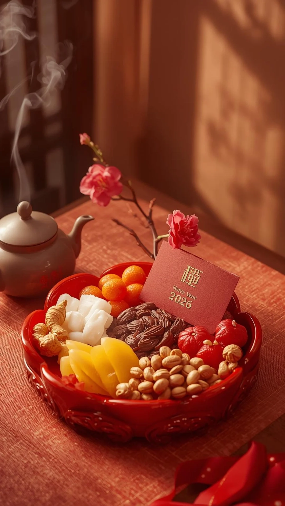 Không khí lễ xuân rực rỡ nhờ hình nền khay mứt tết lễ xuân