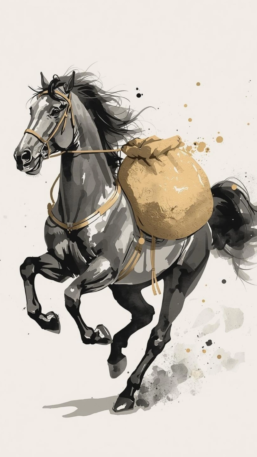 Hình ảnh ngựa thần tài đứng cạnh đống tiền vàng