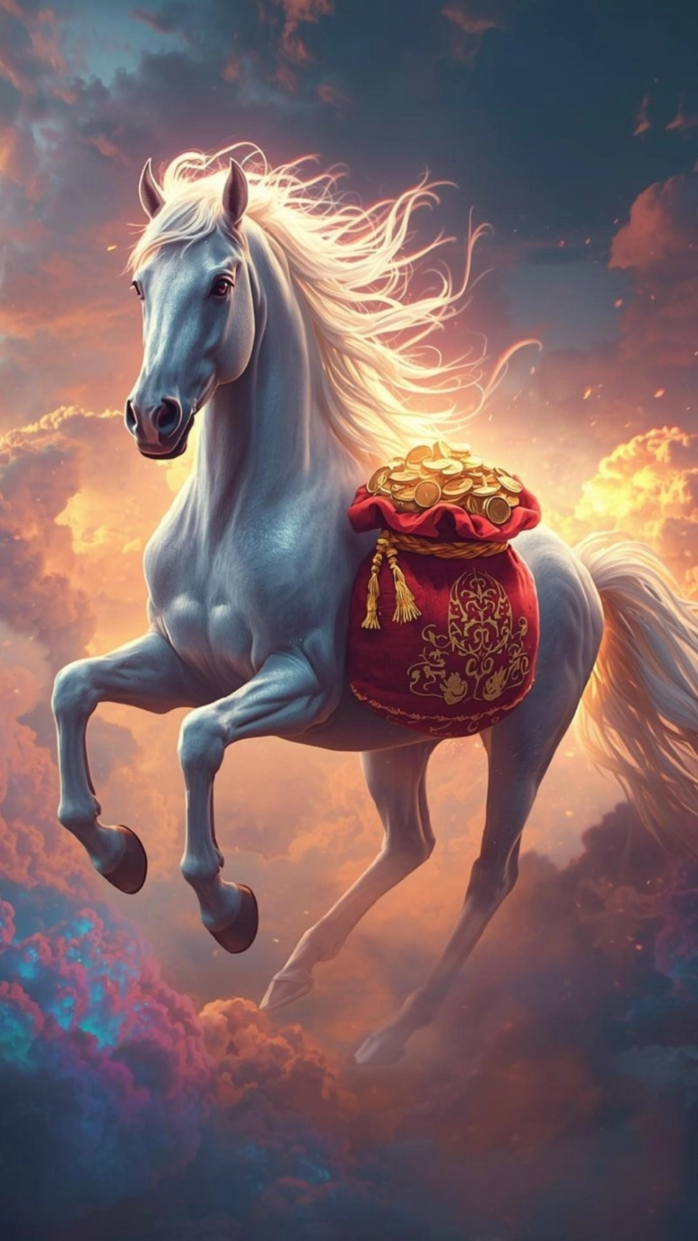 Chú ngựa bính ngọ mang túi tài lộc màu vàng kim