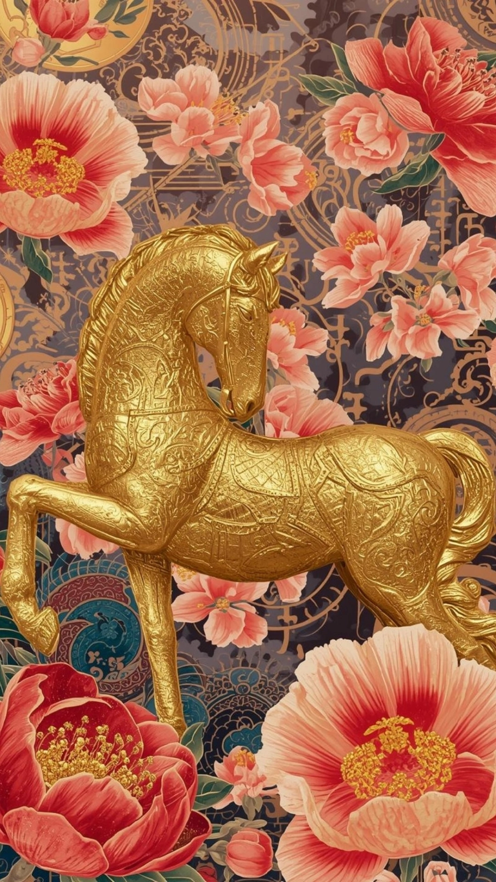 Hình ảnh ngựa vàng vương giả với trang trí tinh xảo