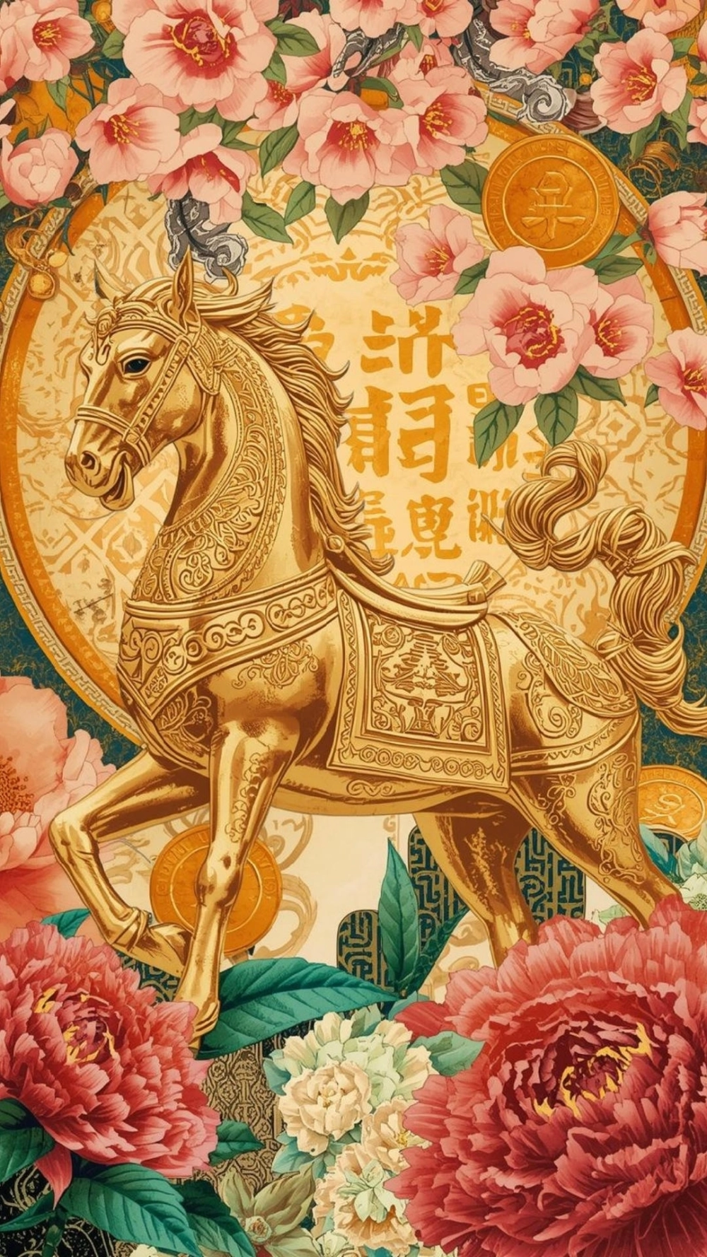 Hình nền ngựa bính ngọ dát vàng tỏa sáng rực rỡ trên nền đen huyền bí