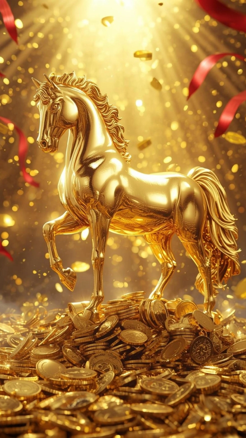 Hình nền ngựa chiêu tài đứng trên đống thỏi vàng