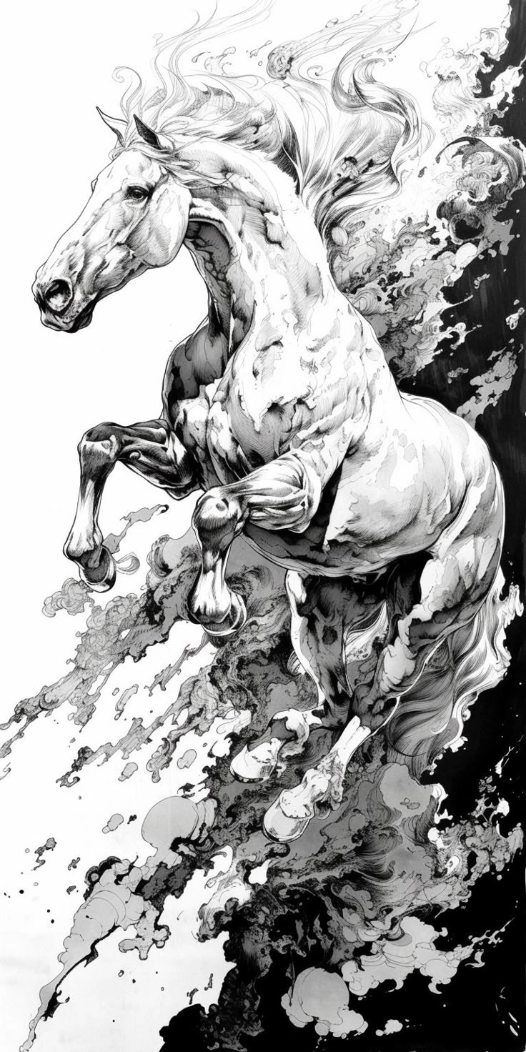 Ngựa bính ngọ thủy mặc chạy trên đồng cỏ xanh