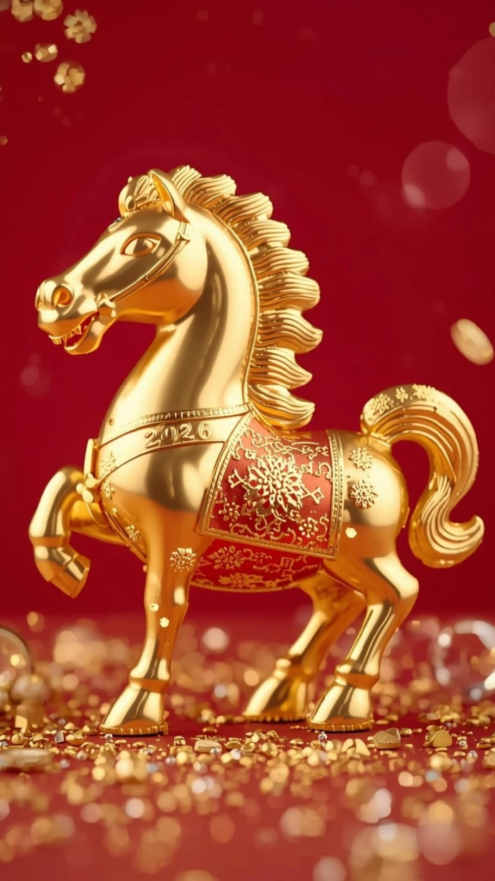 Ngựa vàng 2026 may mắn trên nền mây ngũ sắc