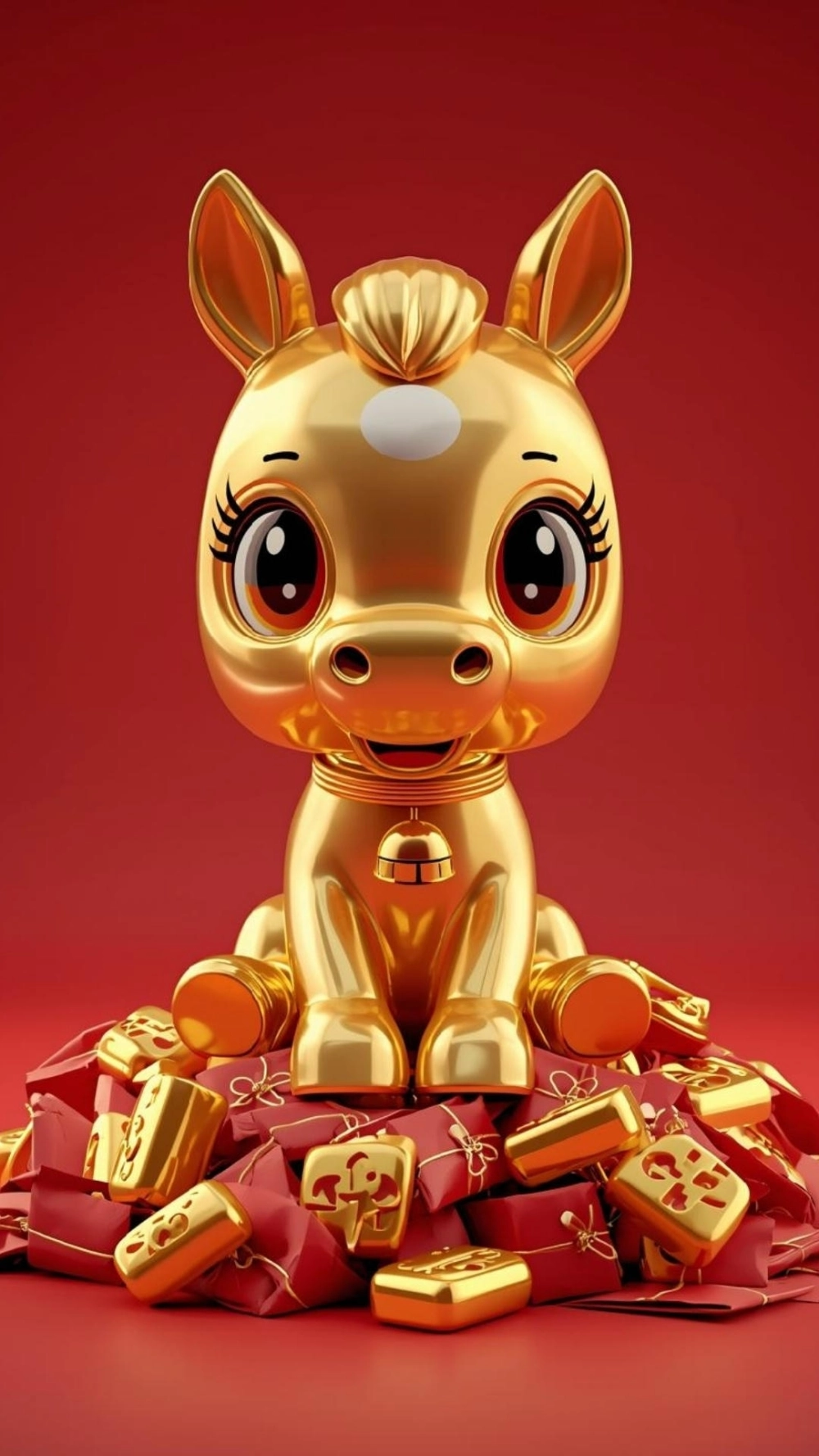 Hình nền ngựa vàng thần tài 2026 sang trọng trên nền đỏ lấp lánh