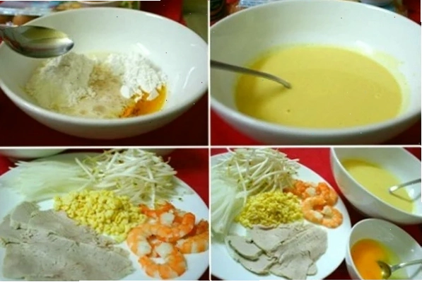Các nguyên liệu đặc trưng của bánh xèo miền Bắc bao gồm thịt lợn và nấm hương tươi