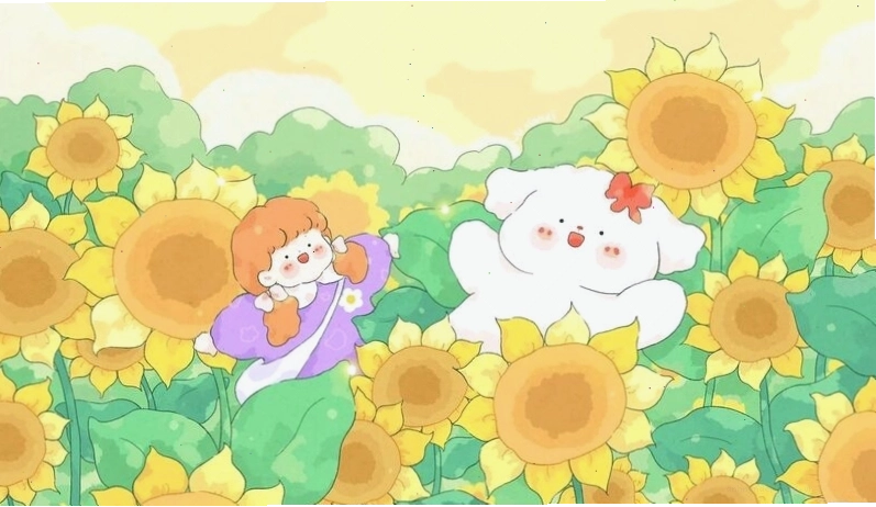 Cánh đồng hoa hướng dương anime dưới ánh nắng ban mai