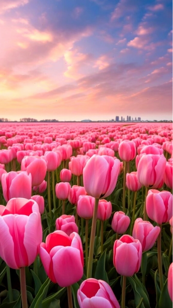 Cánh đồng hoa tulip hồng trải dài dưới ánh hoàng hôn thơ mộng