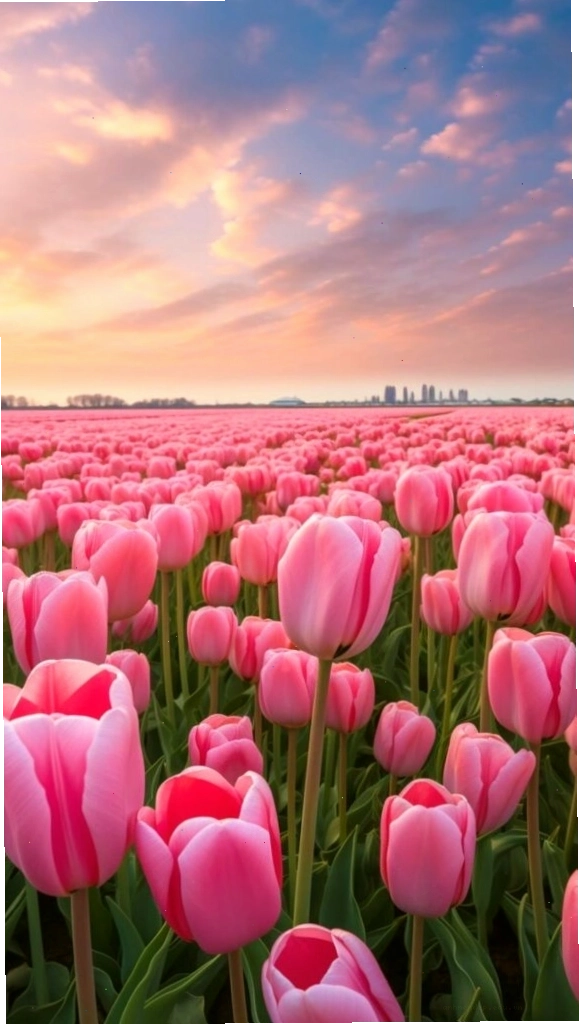 Cánh đồng tulip hồng dưới ánh hoàng hôn tạo hiệu ứng hình nền hoa nhí mê hoặc