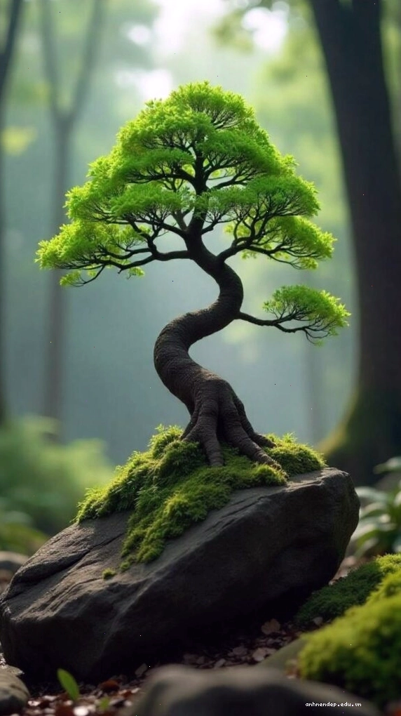 Cây bonsai xanh tốt đẹp mắt, hình nền phong thủy mệnh Mộc