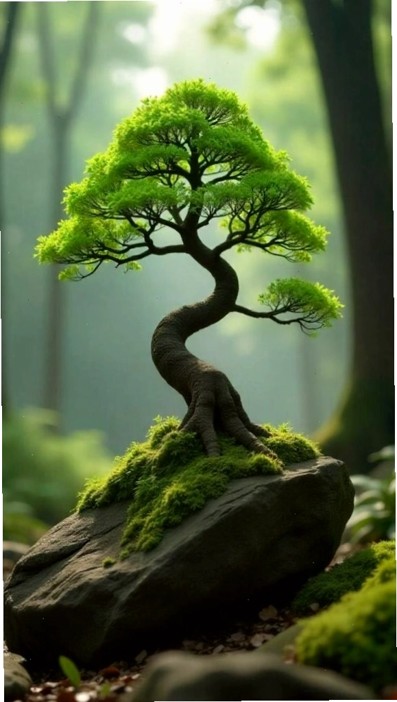 Cây bonsai xanh tốt làm hình nền điện thoại cho người mệnh Mộc