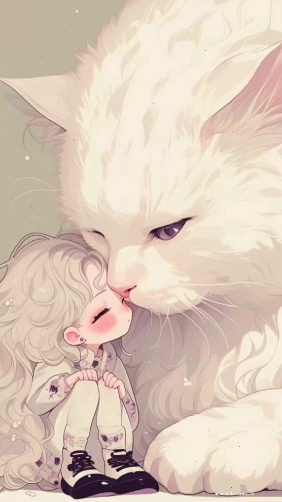 Chú mèo trắng ngồi bên cạnh cô bé đáng yêu