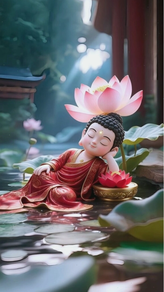 Chú tiểu an nhiên được đóa sen nâng đỡ, thể hiện sự chở che và bình an