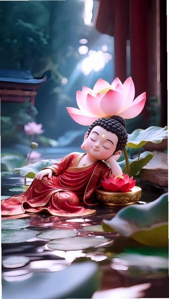 Chú tiểu an nhiên được đóa sen trắng tinh khôi nâng đỡ