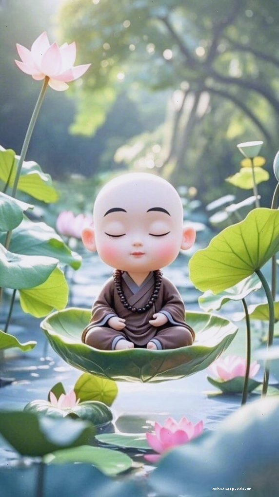 Chú tiểu ngồi thiền định giữa không gian hoa sen tĩnh lặng