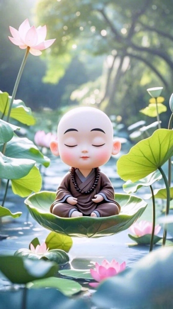 Chú tiểu ngồi thiền giữa đầm sen