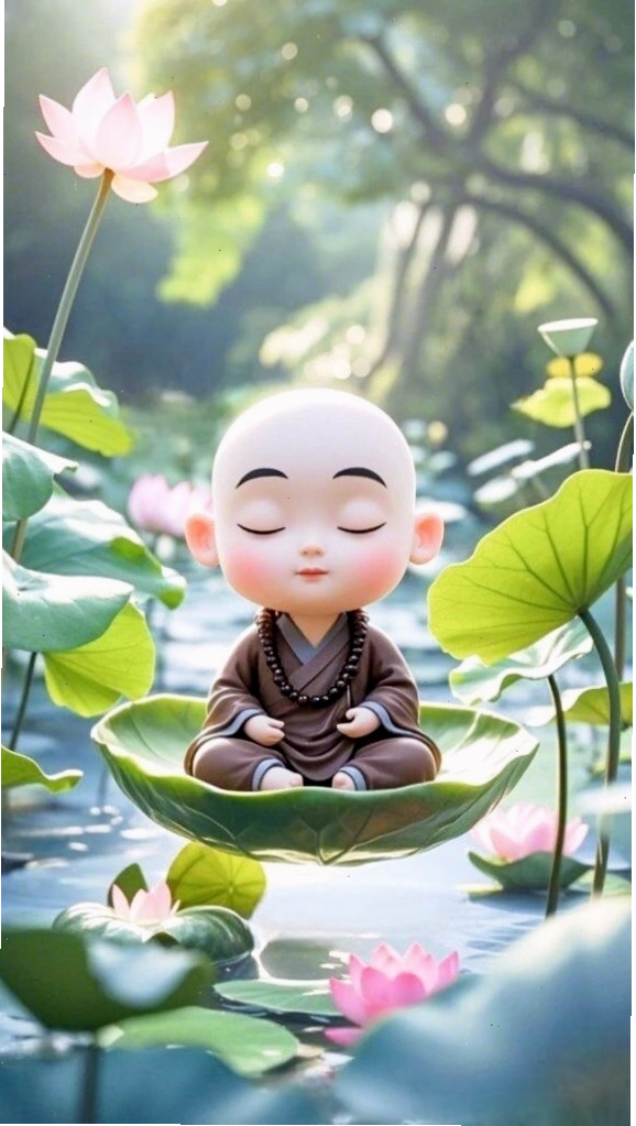 Chú tiểu ngồi thiền giữa đầm sen, tìm thấy sự tĩnh lặng và bình yên nội tâm