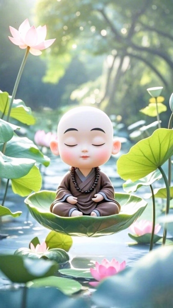 Chú tiểu ngồi thiền giữa khung cảnh hoa sen nở rộ, tìm kiếm sự tĩnh lặng nội tâm