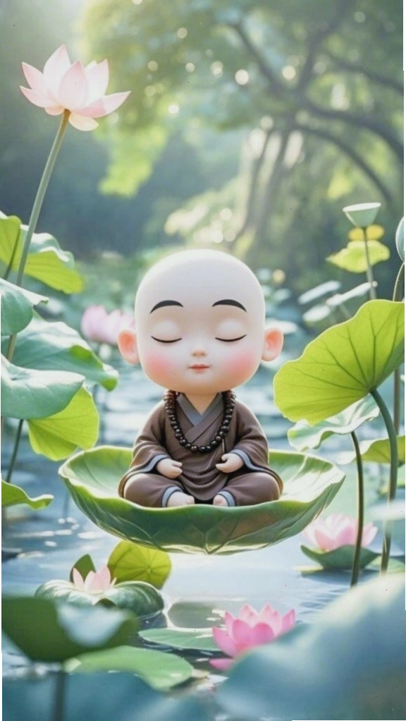 Chú tiểu ngồi thiền giữa khung cảnh hoa sen trắng đen