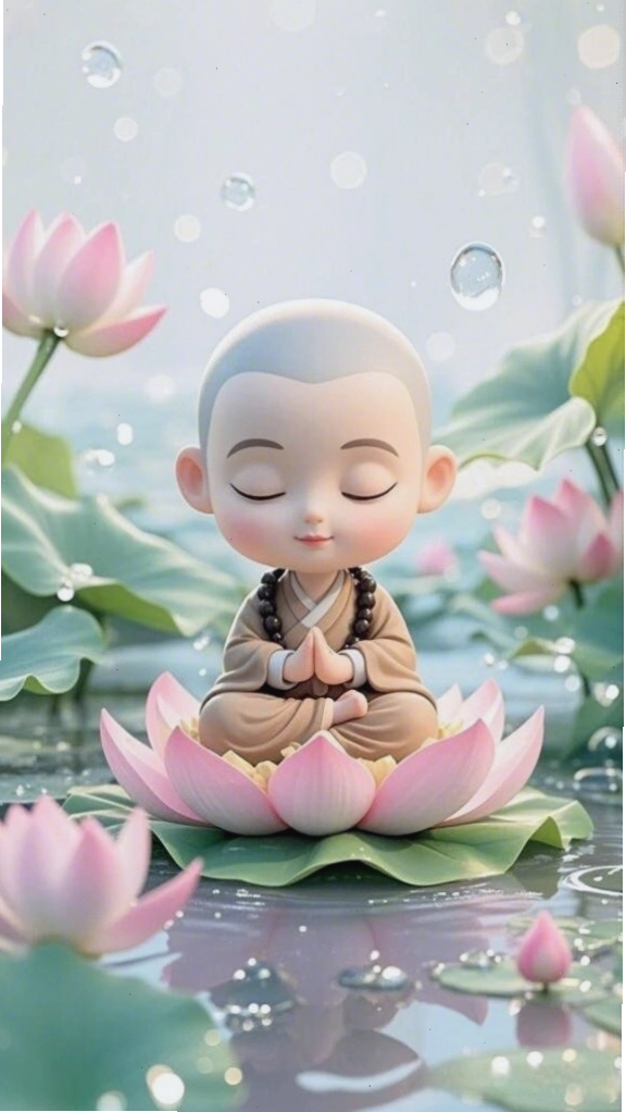 Chú tiểu ôm đóa sen trong lòng, ánh mắt tràn đầy sự an lạc