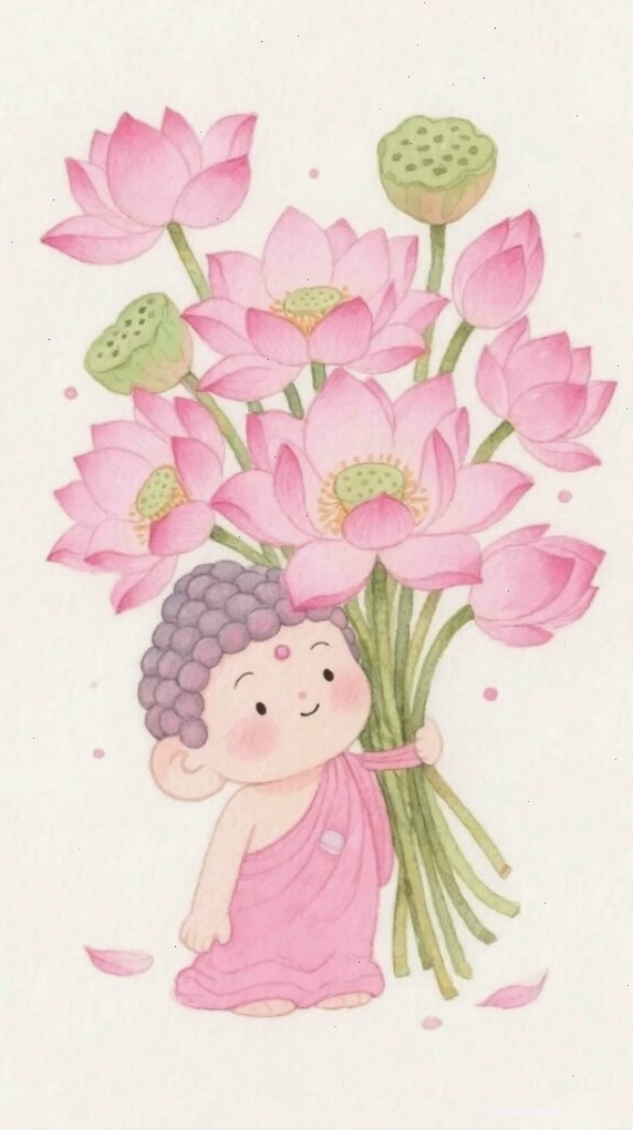Chú tiểu ôm phúc, bên cạnh là đóa sen tươi thắm, tượng trưng cho phước lành và may mắn