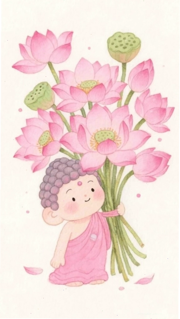 Chú tiểu ôm phúc lành, bên đóa sen vàng tươi thắm