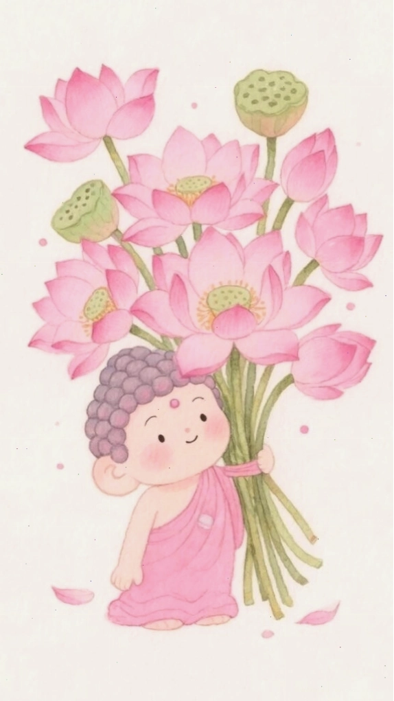 Chú tiểu với nụ cười phúc hậu, tay ôm đóa sen tươi thắm, tràn đầy hy vọng