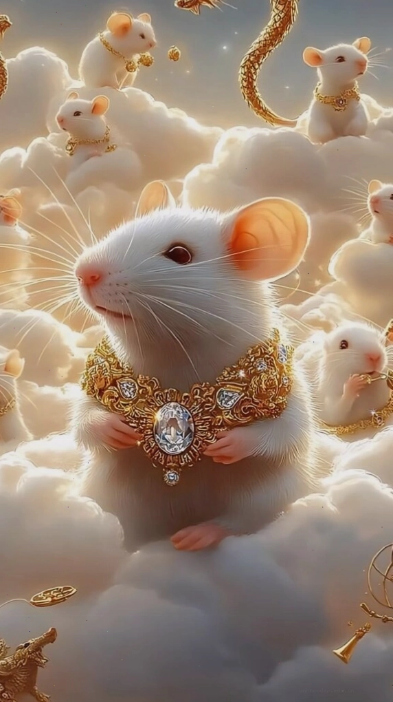 Chuột thần tài tỏa sáng giữa mây trời, hình nền 12 con giáp cute