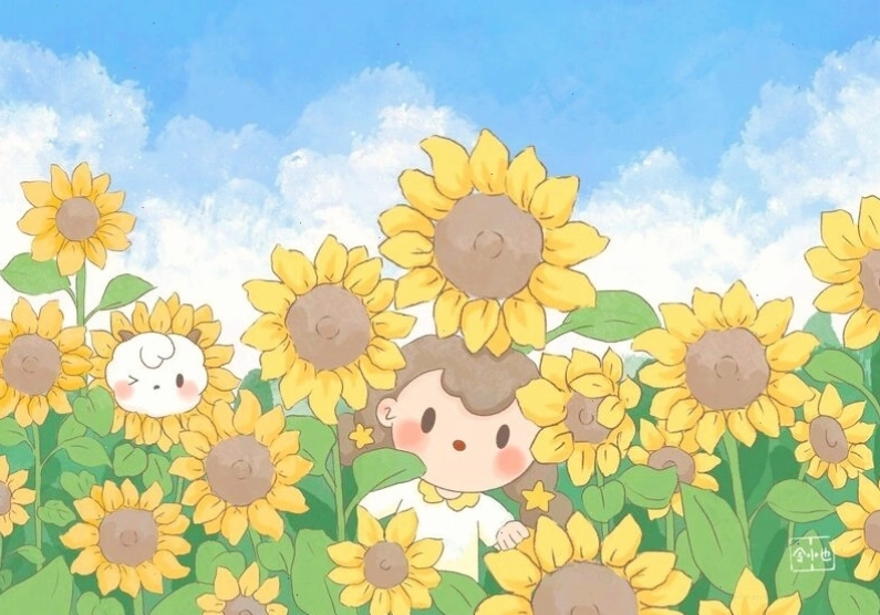 Cô gái anime ngồi giữa vườn hoa hướng dương rộng lớn