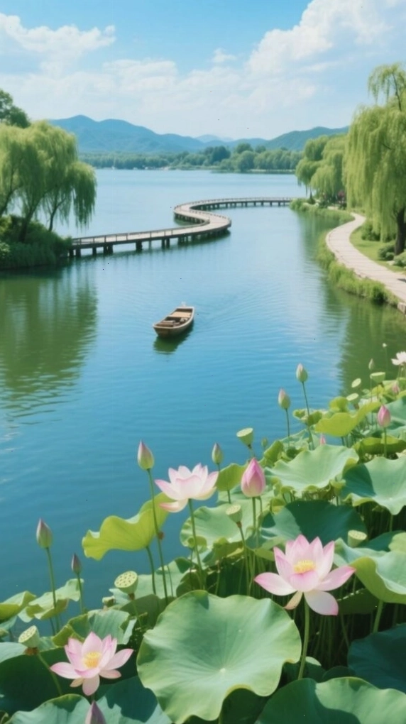 Con đường ven hồ yên bình giữa hàng cây xanh