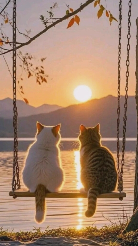 Đôi mèo tình tứ ngắm hoàng hôn trên bãi biển