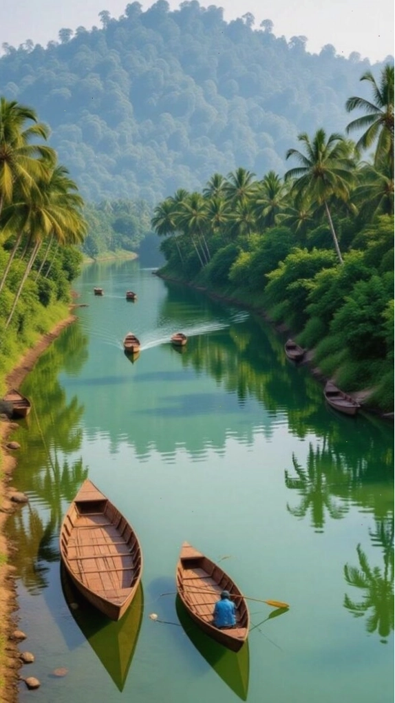 Dòng sông xanh giữa rừng nhiệt đới và thuyền nhỏ