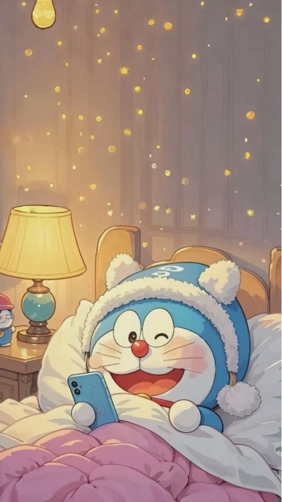 Doraemon cuộn tròn trên giường