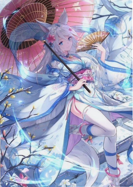 Hình hồ ly anime cô gái xinh đẹp với mái tóc dài và trang phục truyền thống