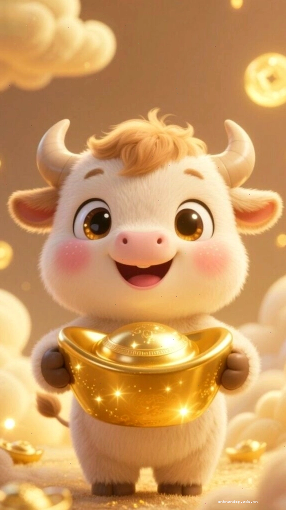 Hình nền 12 con giáp cute Sửu chibi ôm chén vàng đáng yêu