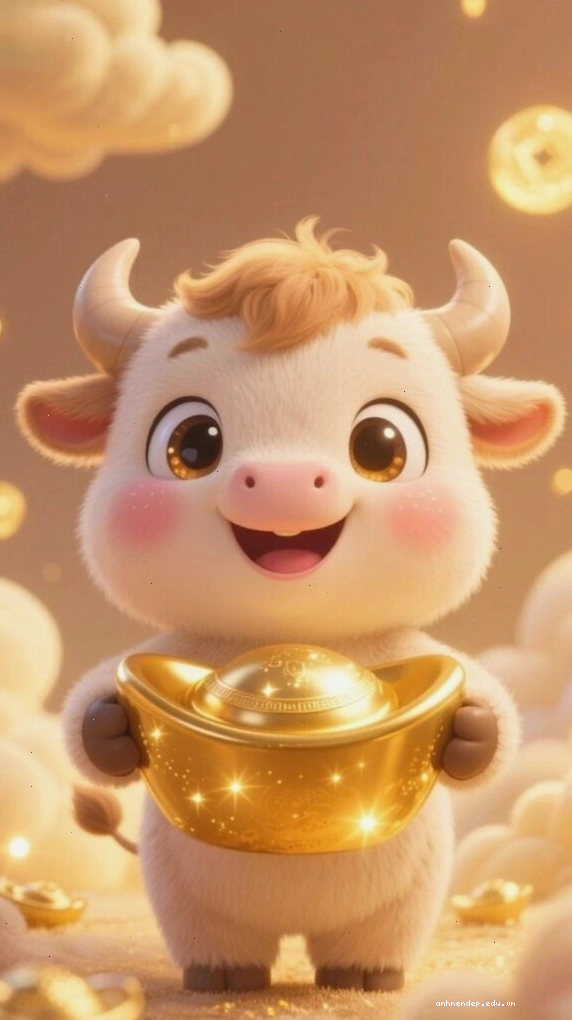 Hình nền 12 con giáp cute Sửu chibi ôm chén vàng đáng yêu
