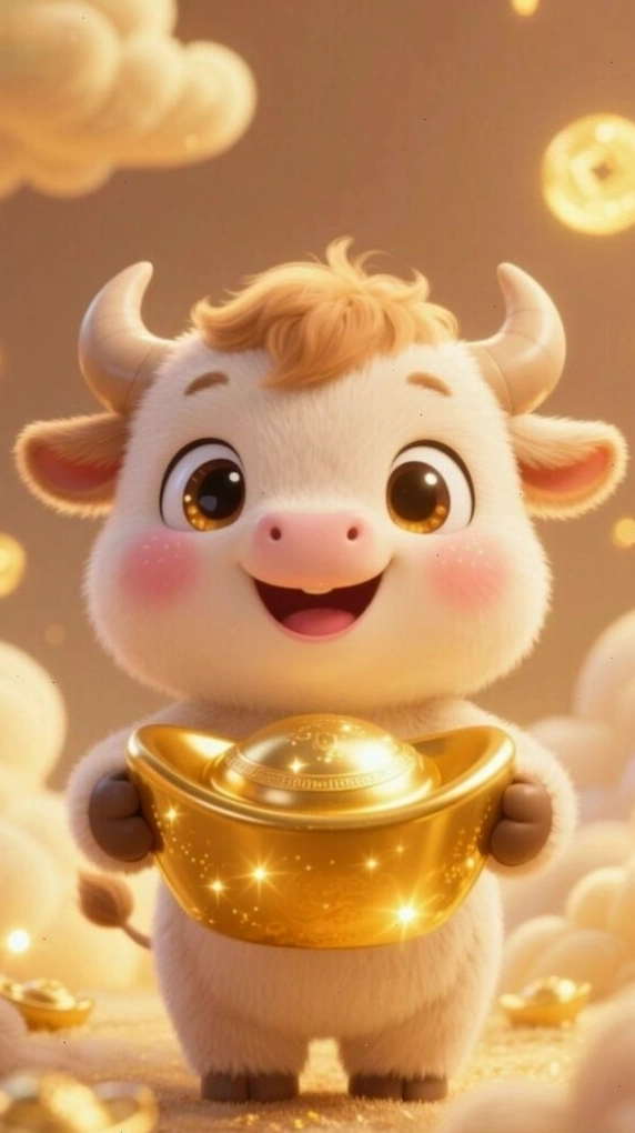 Hình nền 12 con giáp cute Sửu chibi ôm chén vàng đáng yêu