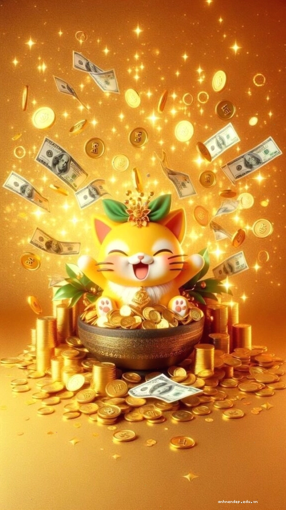 Hình nền bùa may mắn với biểu tượng túi tiền và các đồng xu vàng