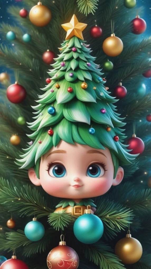 Hình nền cây thông bé dễ thương với ánh đèn lấp lánh