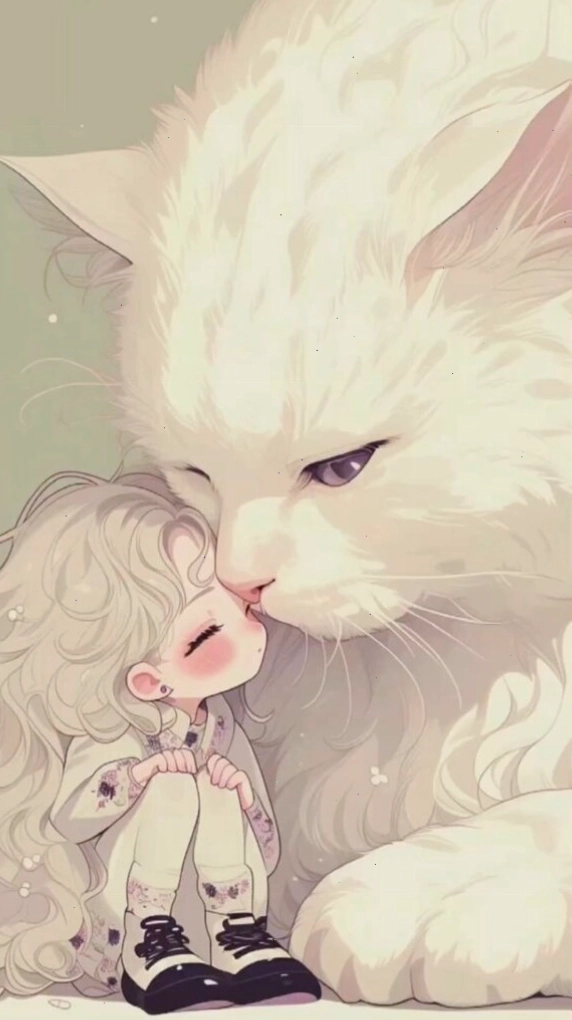 Hình nền chú mèo trắng bên cô bé đáng yêu