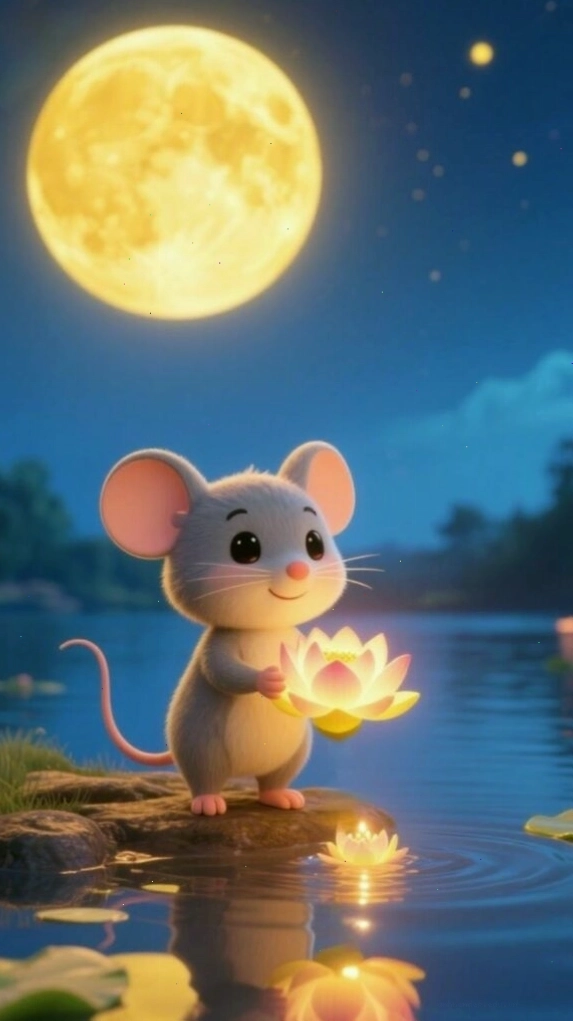 Hình nền chuột nhỏ thả đèn hoa dưới trăng