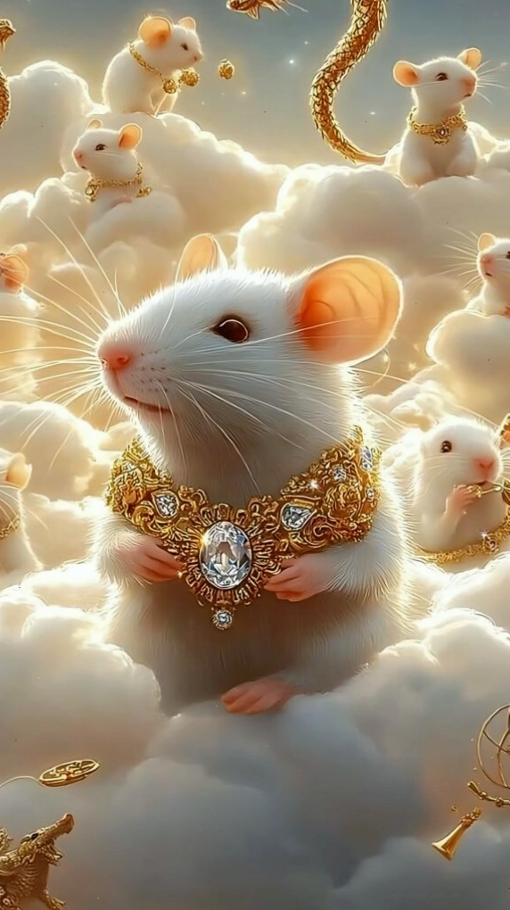 Hình nền chuột thần tài tỏa sáng giữa mây trời