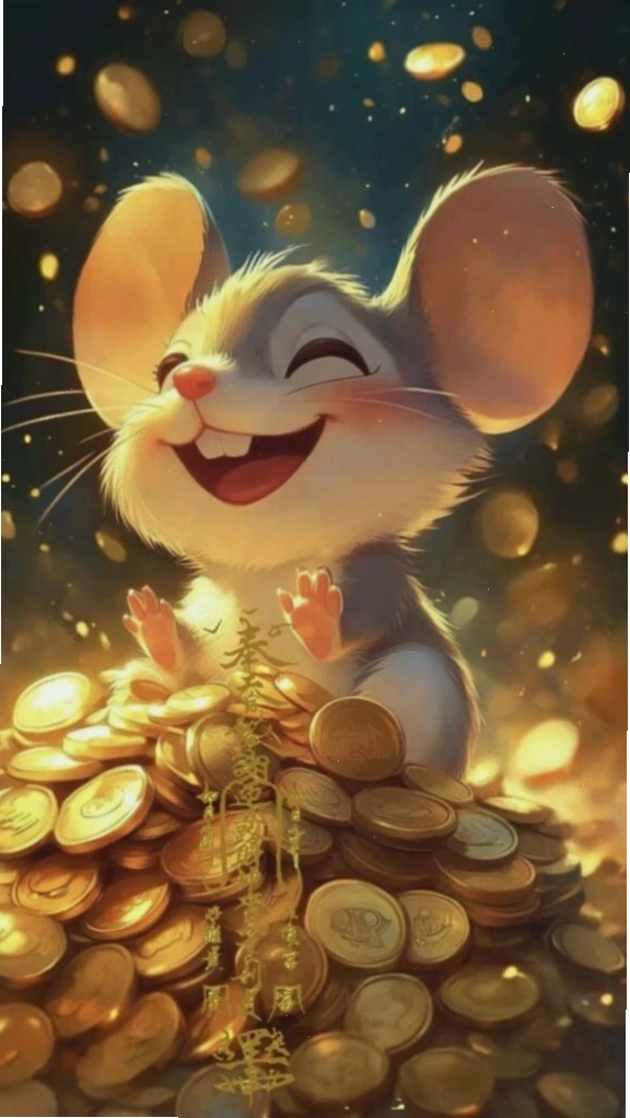 Hình nền chuột Tý cute cười rạng rỡ bên kho báu