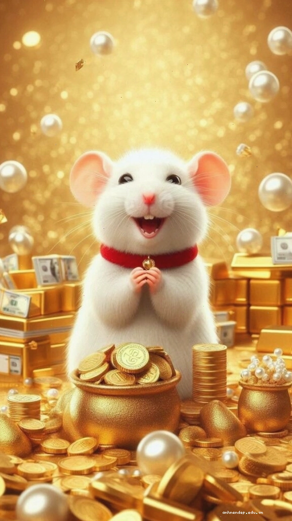 Hình nền chuột Tý dễ thương giữa núi vàng