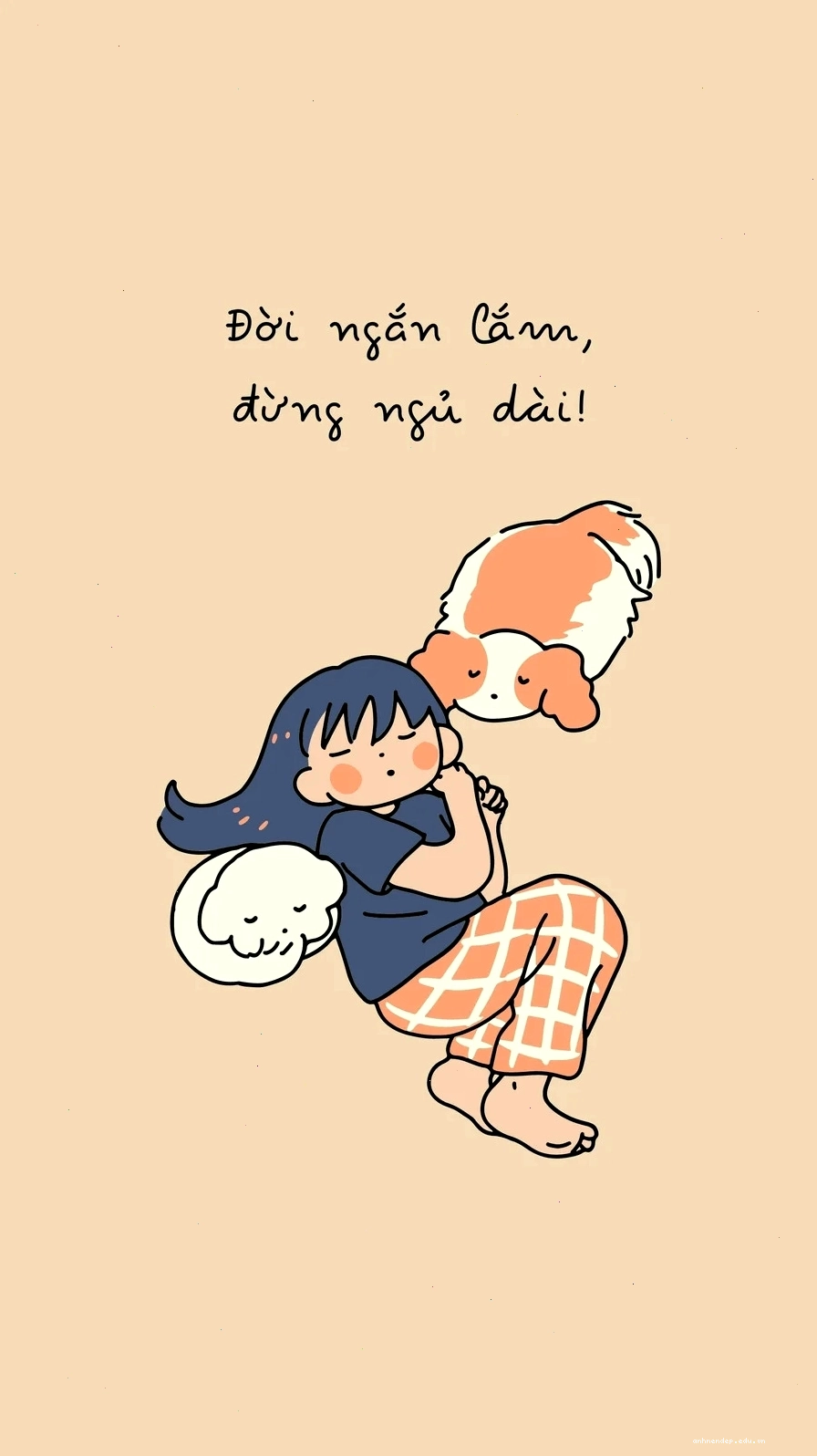 Hình nền điện thoại đáng yêu với hình vẽ cô gái và cún con đang ngủ