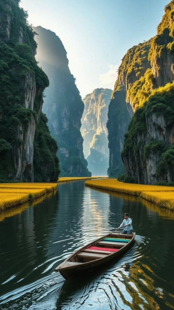 Hình nền điện thoại phong cảnh chiếc thuyền nhỏ trôi giữa hẻm núi và dòng nước