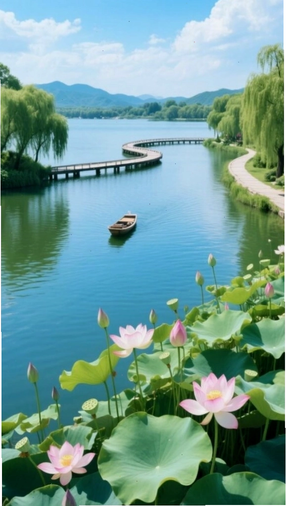 Hình nền điện thoại phong cảnh con đường ven hồ yên bình giữa hàng cây xanh