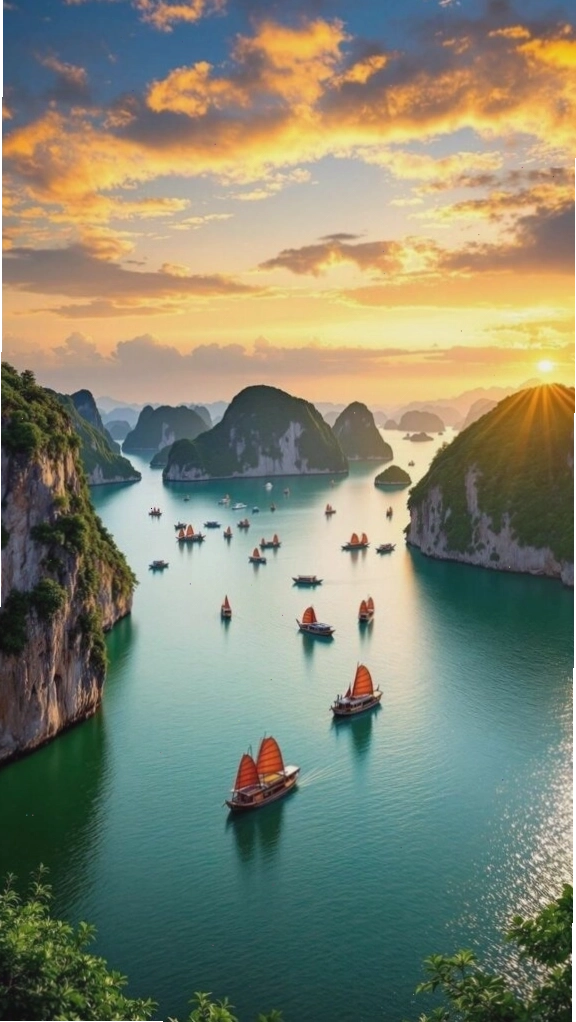 Hình nền điện thoại phong cảnh hoàng hôn rực sáng trên vịnh biển và núi đá